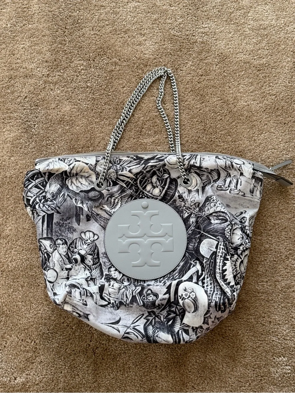 Tory Burch Black & White Illustrated Logo Tote with Chain Straps
